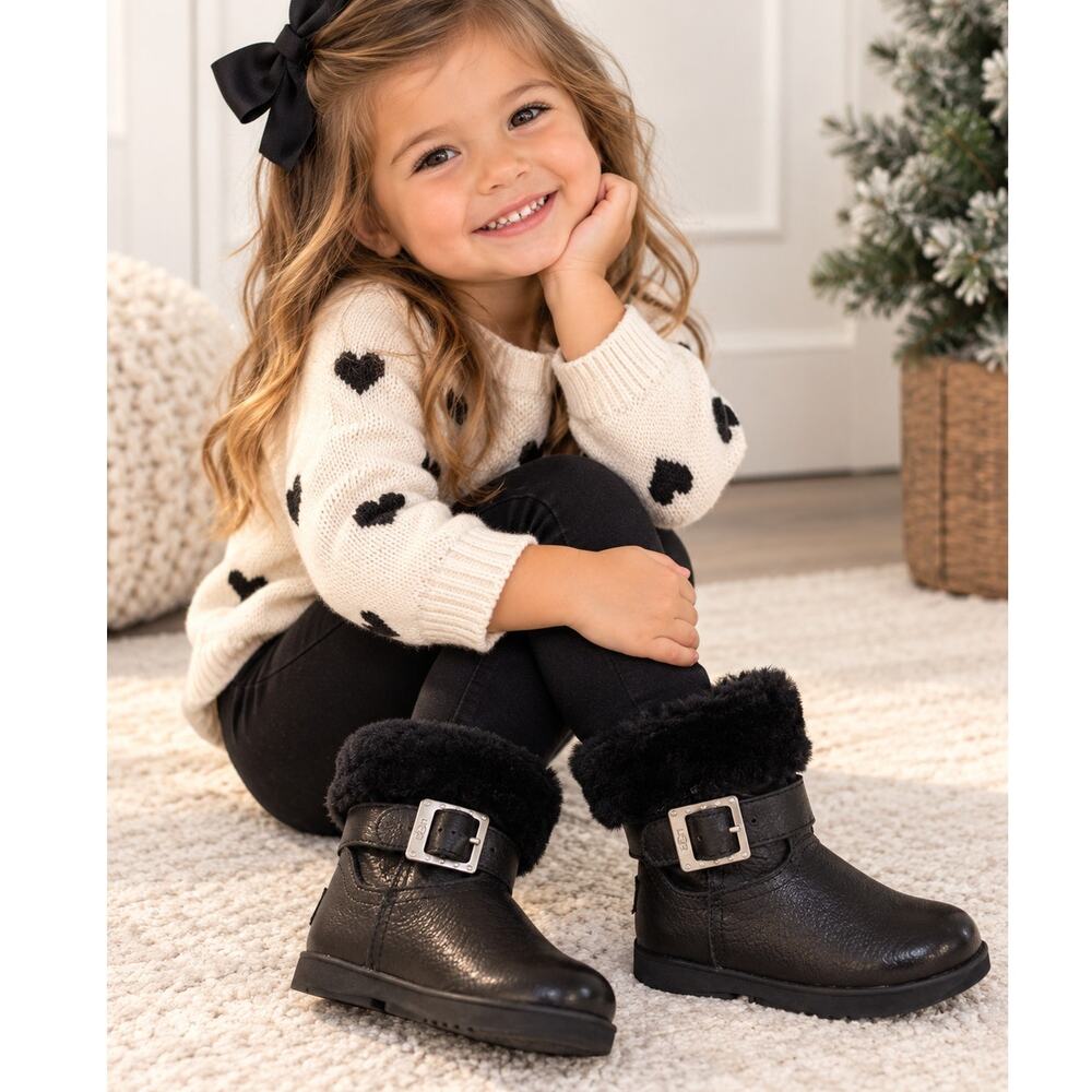 UGG Australia Baby Girls Black Leather Fur Cuff Buckle Boots Baby Size 6